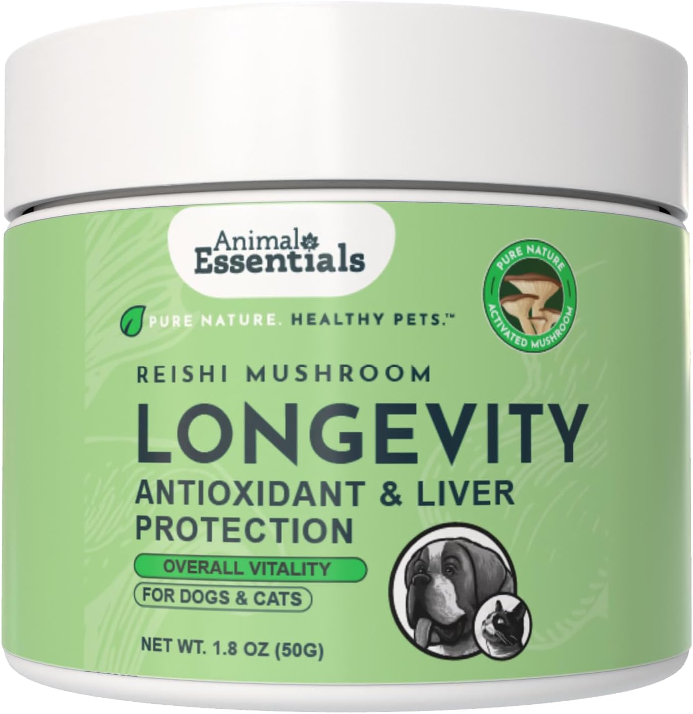 Animal Essentials Longevity Suplemento de Hongo Reishi para Perros y Gatos - Extracto en Polvo, Salud Cardiovascular y Hepática, Antioxidante - 50g