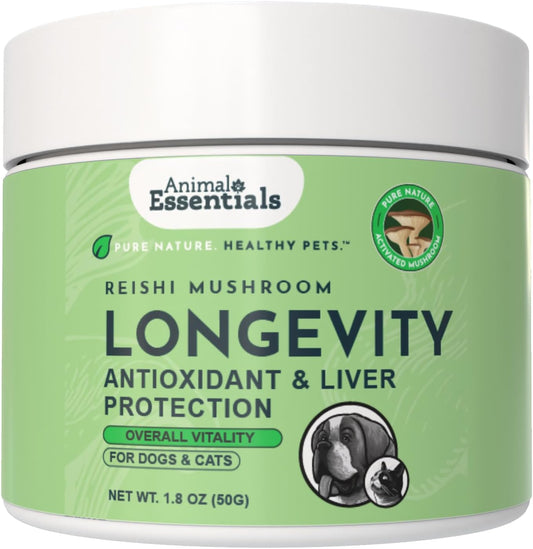 Animal Essentials Longevity Suplemento de Hongo Reishi para Perros y Gatos - Extracto en Polvo, Salud Cardiovascular y Hepática, Antioxidante - 50g
