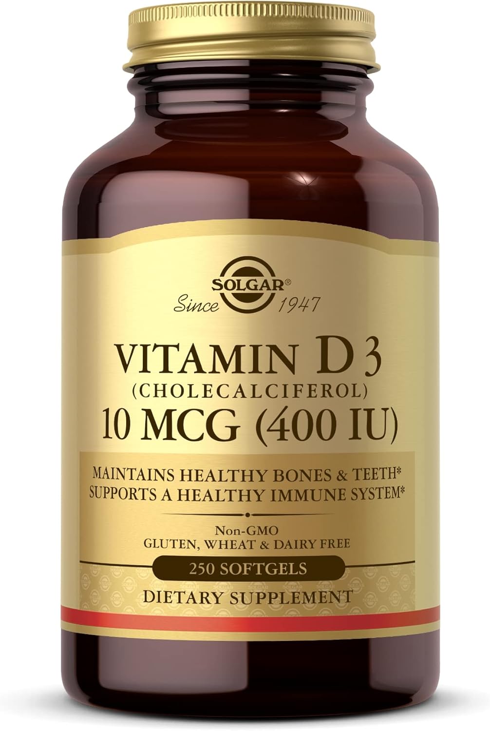 Solgar Vitamina D3 (Colecalciferol) 10 mcg (400 IU) - 250 Cápsulas Blandas