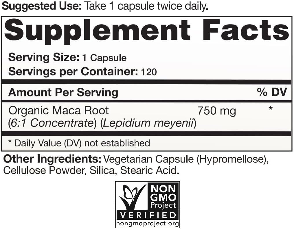 Cápsulas de Raíz de Maca Orgánica (Alta Potencia) - 120 Cápsulas, 2 Meses de Suministro