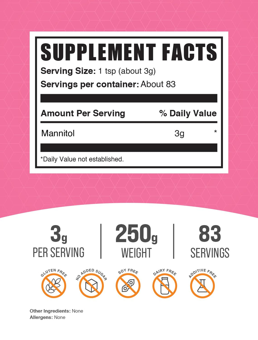 BulkSupplements Manitol en Polvo - Edulcorante Natural, Sin Gluten, 250g