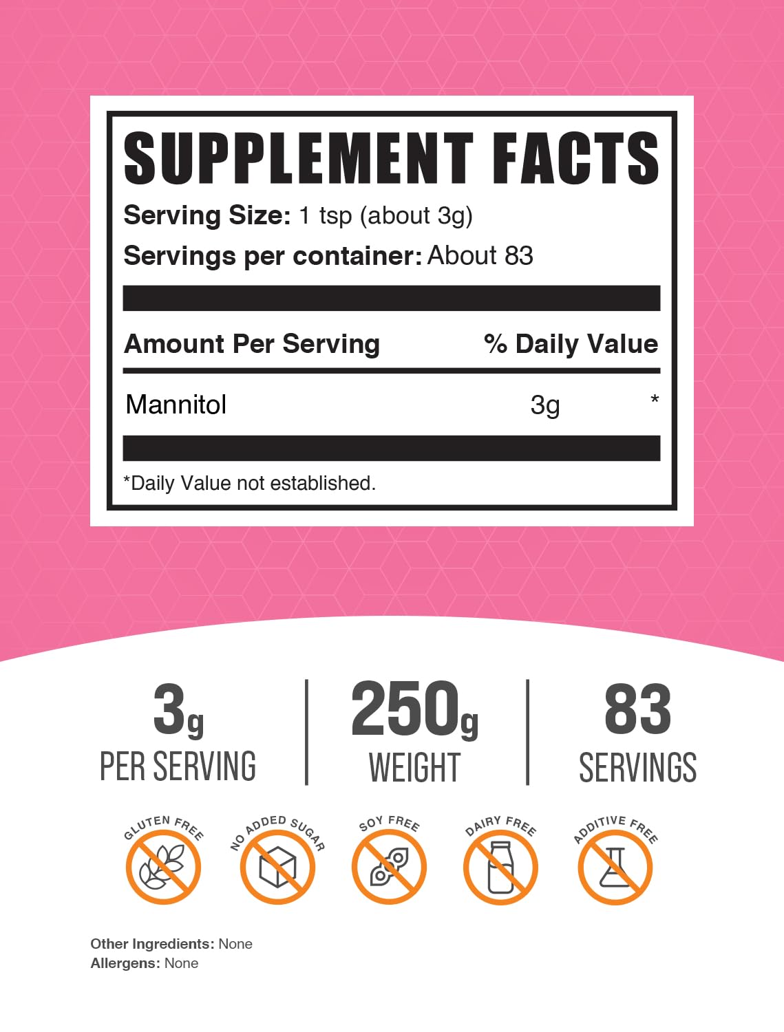 BulkSupplements Manitol en Polvo - Edulcorante Natural, Sin Gluten, 250g