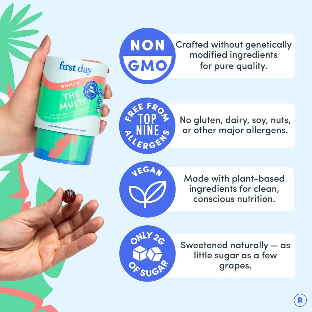 FIRST DAY Women's Multivitamin Gummies – Multivitamínico diario con superalimentos orgánicos, folato metilado, zinc y biotina – Vegano, 120 gominolas