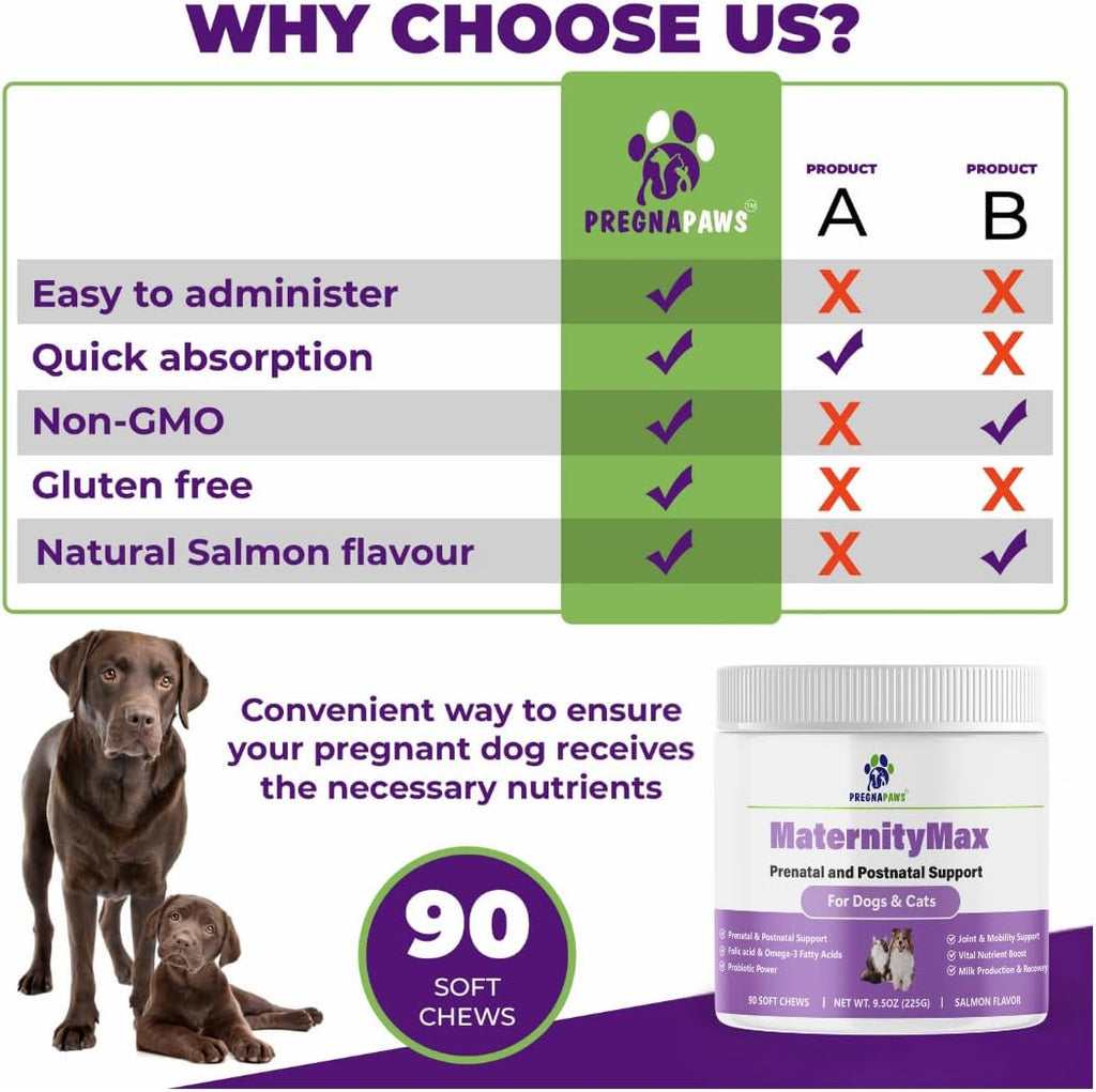 MaternityMax Vitaminas Prenatales para Perros y Gatos - Suplemento Pre y Postnatal con Probióticos, Glucosamina, MSM, CoQ10 y Vitaminas Esenciales - 90 Chews Blandos Sabor Salmón