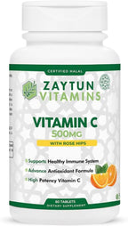Zaytun Halal Vitamina C 500 mg con Escaramujo y Bioflavonoides - 60 Comprimidos Vegetarianos