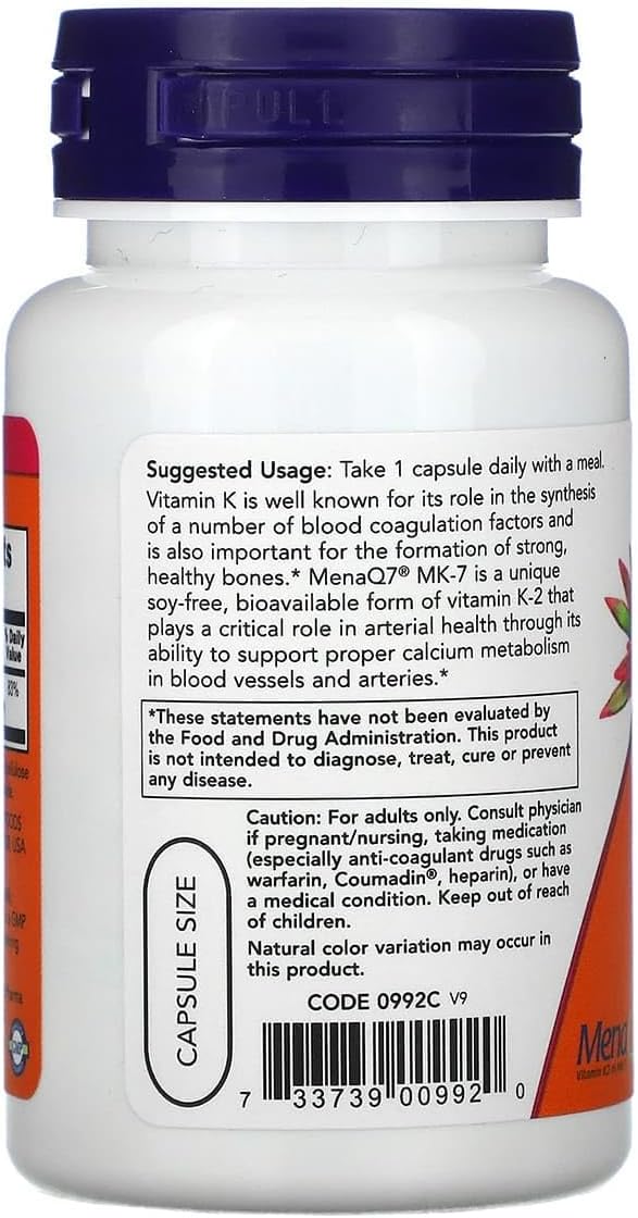 Now Foods Vitamina K-2 (MK-7) 100 mcg, 60 Cápsulas Veganas (Paquete de 2)