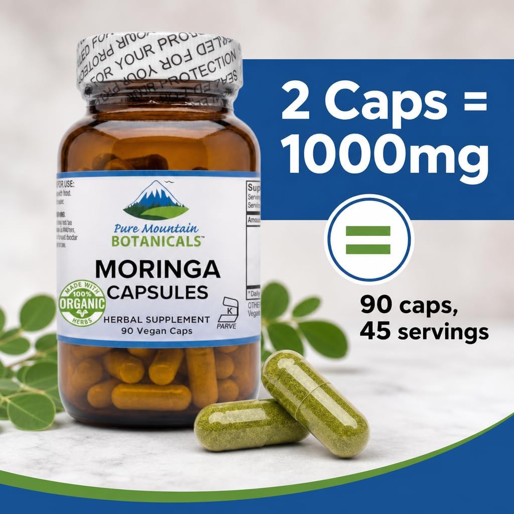 Pure Mountain Botanicals Moringa en Cápsulas - 1000mg Orgánico por Ración - 90 Cápsulas - Vegano Kosher Sin Gluten