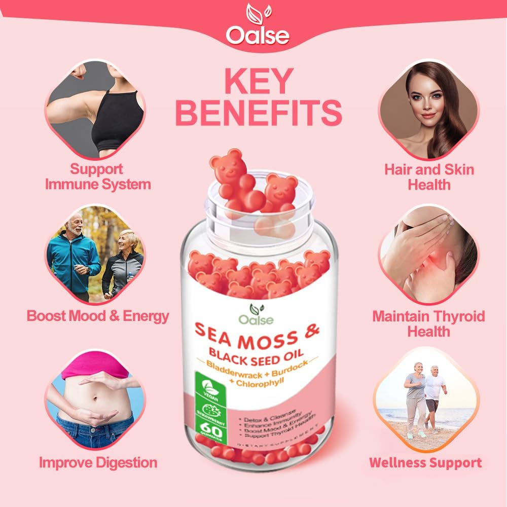 OALSE Gominolas de Sea Moss 8 en 1 - 1800mg Musgo Marino, Clorofila, Vitamina C, D3 y Zinc