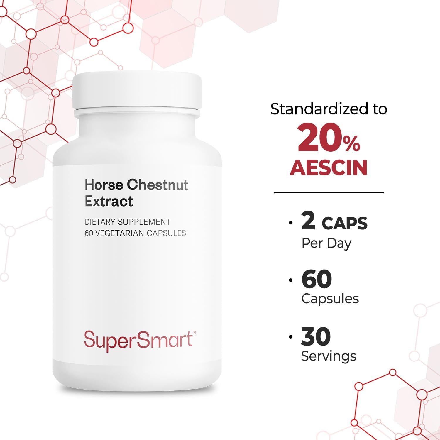 Supersmart - Extracto de Castaño de Indias 500mg al día (20% Aescin) - Circulación Venosa Saludable | Sin OGM y Sin Gluten - 60 Cápsulas Vegetales