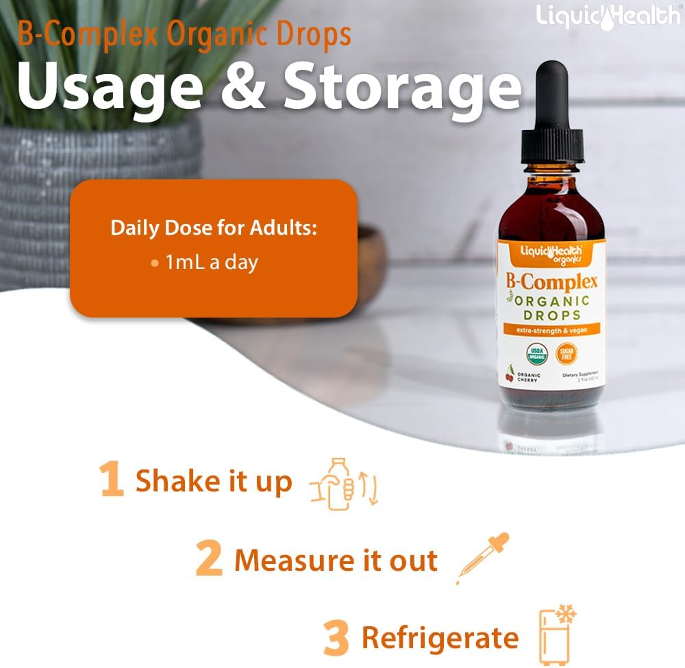 LIQUIDHEALTH Gotas de Complejo B Orgánico USDA para Hombres y Mujeres - Energía Natural, Enfoque, Memoria y Estado de Ánimo, Apoyo Inmunológico, Impulso al Metabolismo - Fabricado en EE. UU., Sin Azúcar, Vegano (2 Paquete)