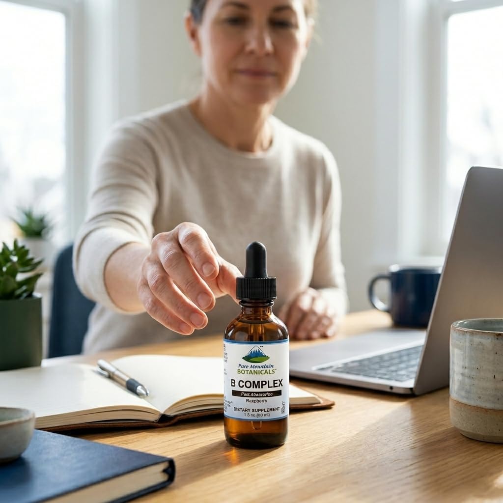 Pure Mountain Botanicals Complejo B Líquido - Vitaminas B12 y B6 - Sabor Frambuesa - Kosher No GMO - 30 Dosis