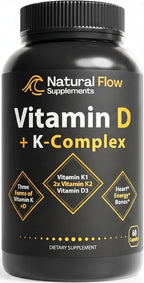 Natural Flow Vitamin D3 with K2 Complex — 5,000 IU D3 + Full K-Complex (K1, MK-4, MK-7) + FOS — Bone, Heart & Immune Support — Vegetarian, USA Made, 60 Capsules