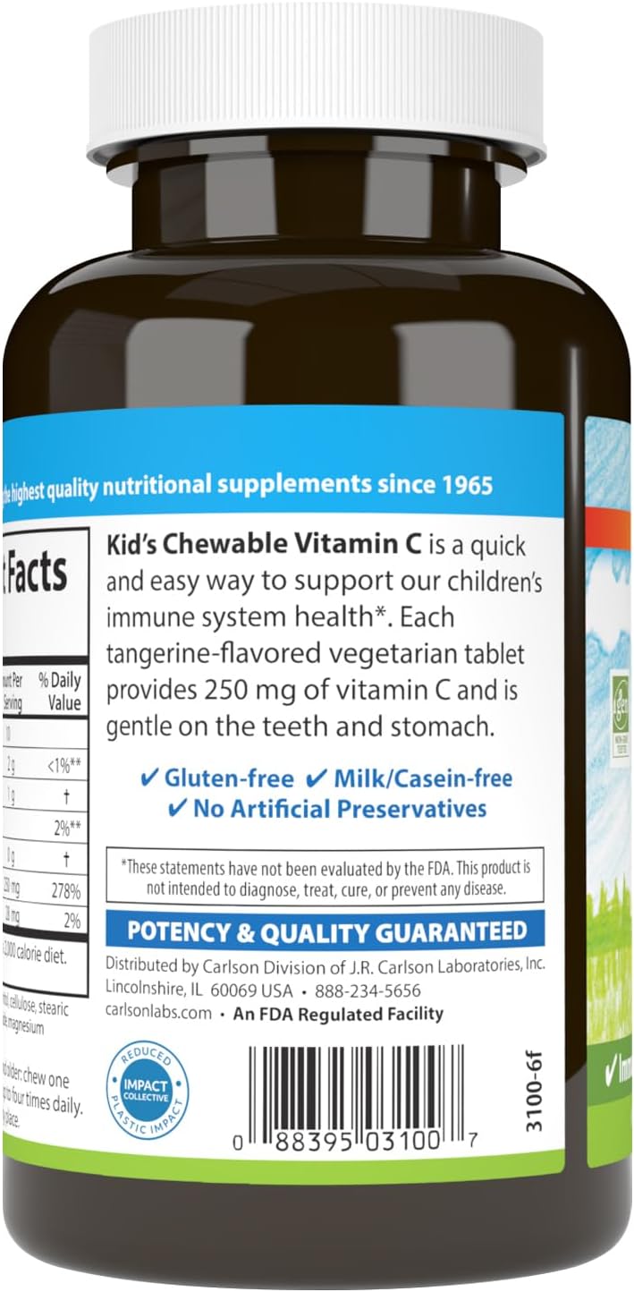 Carlson - Vitamina C Masticable para Niños, 250 mg, Sabor Mandarina, 60 tabletas vegetarianas