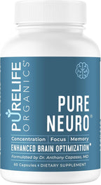 PureLife Organics Pure Neuro – Complemento para Eliminar la Niebla Mental, Apoyo a la Memoria y Enfoque – 60 Cápsulas Veganas y Sin Gluten – Fórmula del Doctor