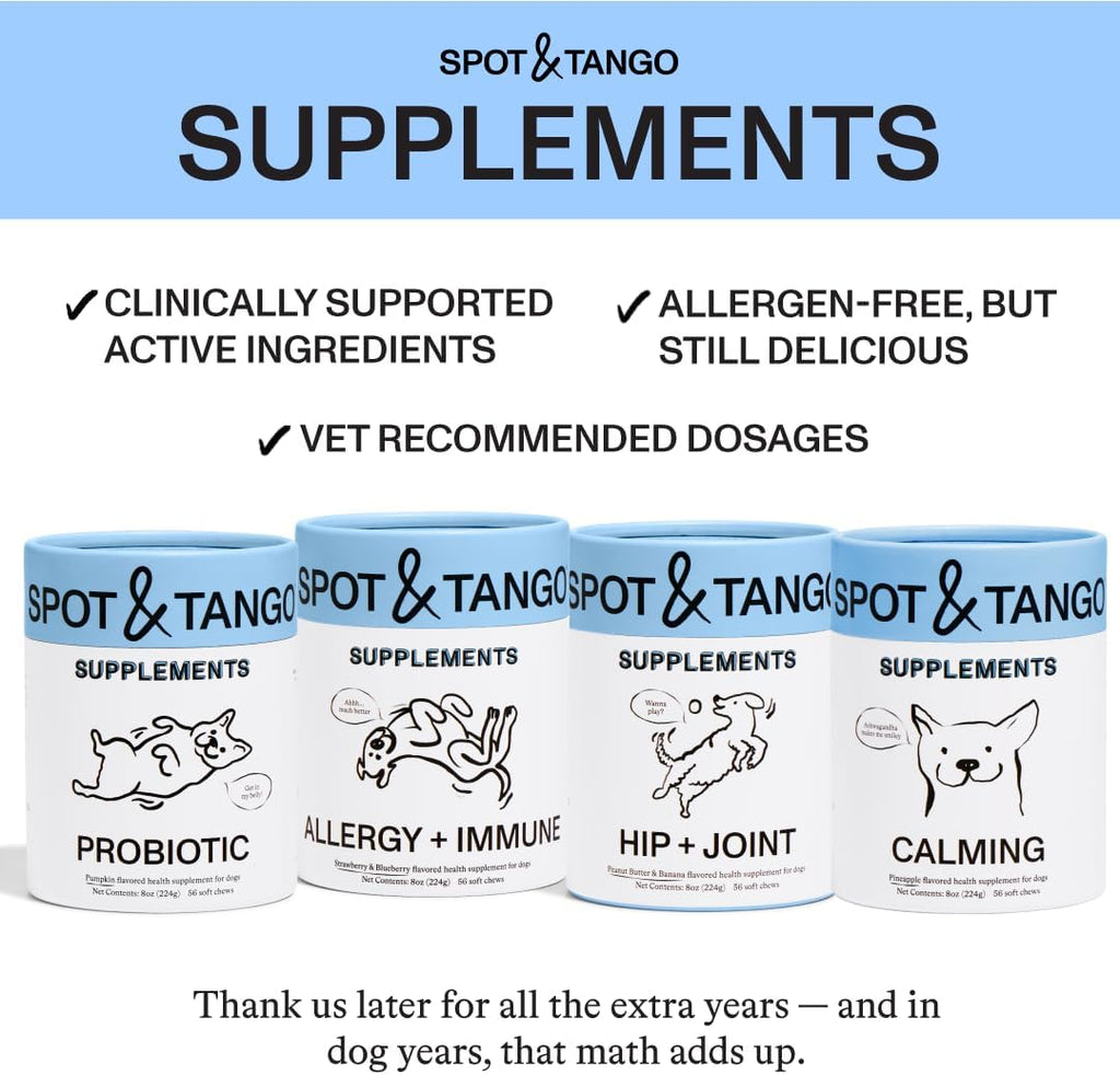 Probioticos para perros - Spot & Tango - Calabaza, Curcuma, Raiz de Achicoria, Pimienta Negra, Mezcla de 9 Cepas - 56 Masticables