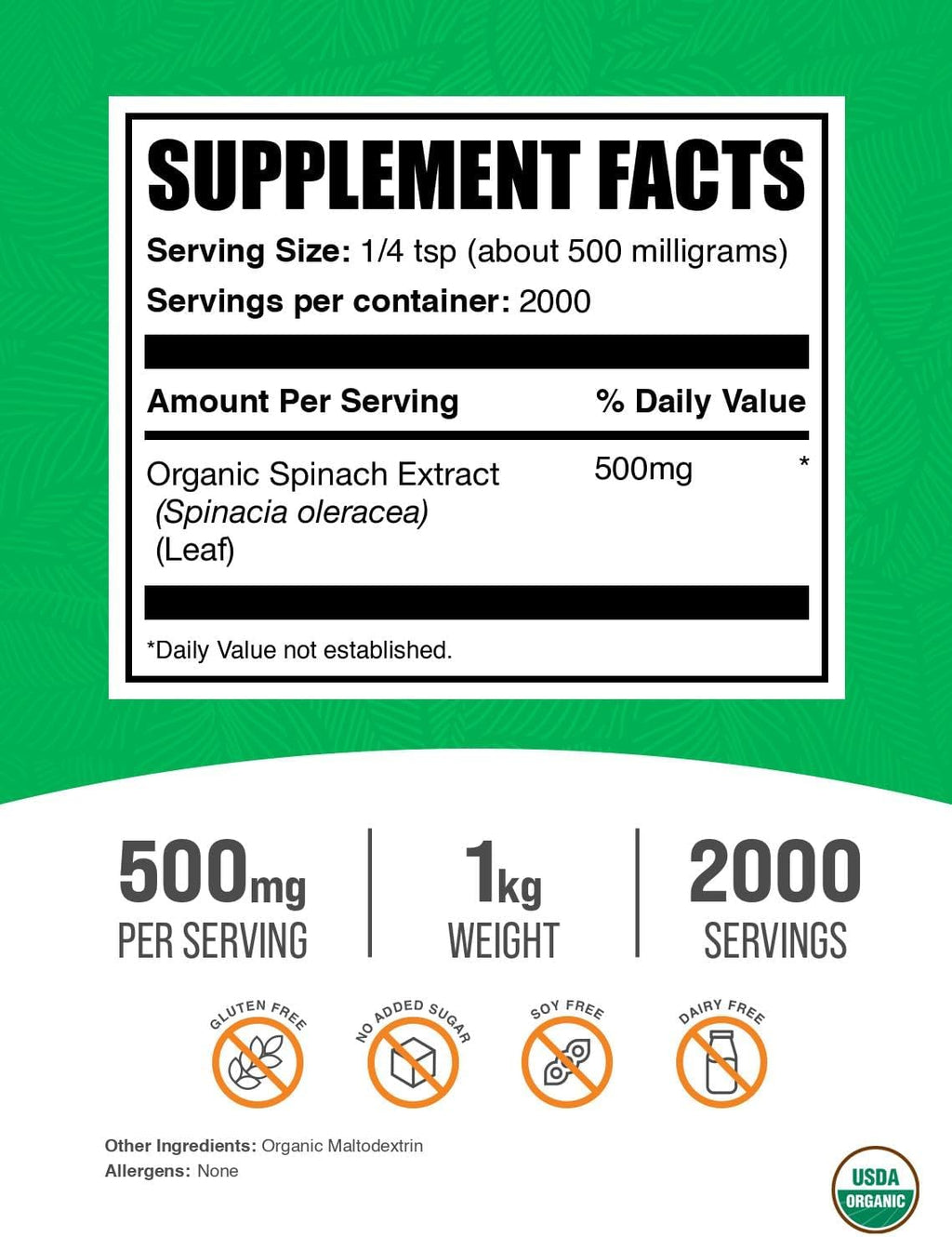 Polvo de Extracto de Espinaca Orgánica - Suplemento Herbal, 500 mg por Ración, 1 kg