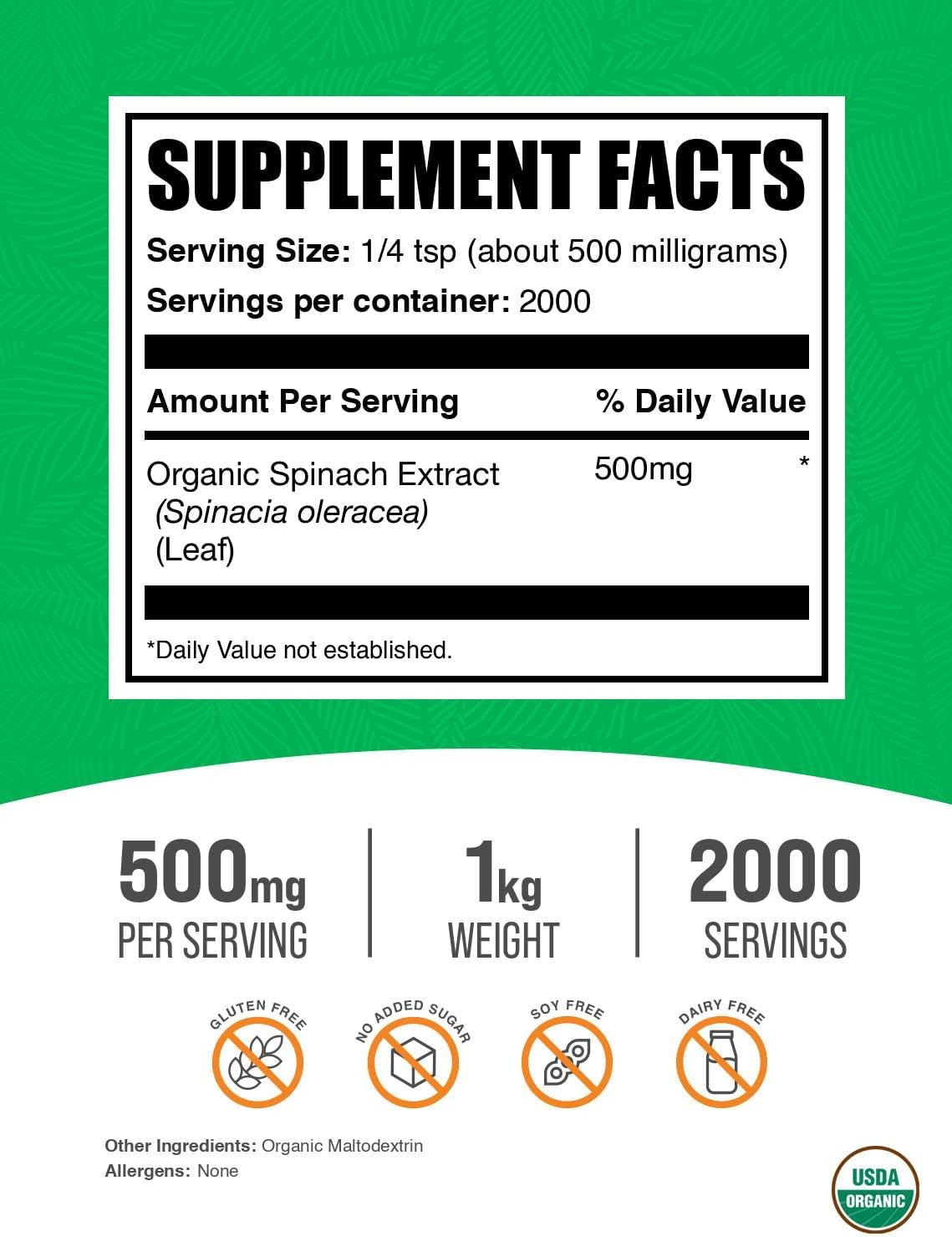 Polvo de Extracto de Espinaca Orgánica - Suplemento Herbal, 500 mg por Ración, 1 kg