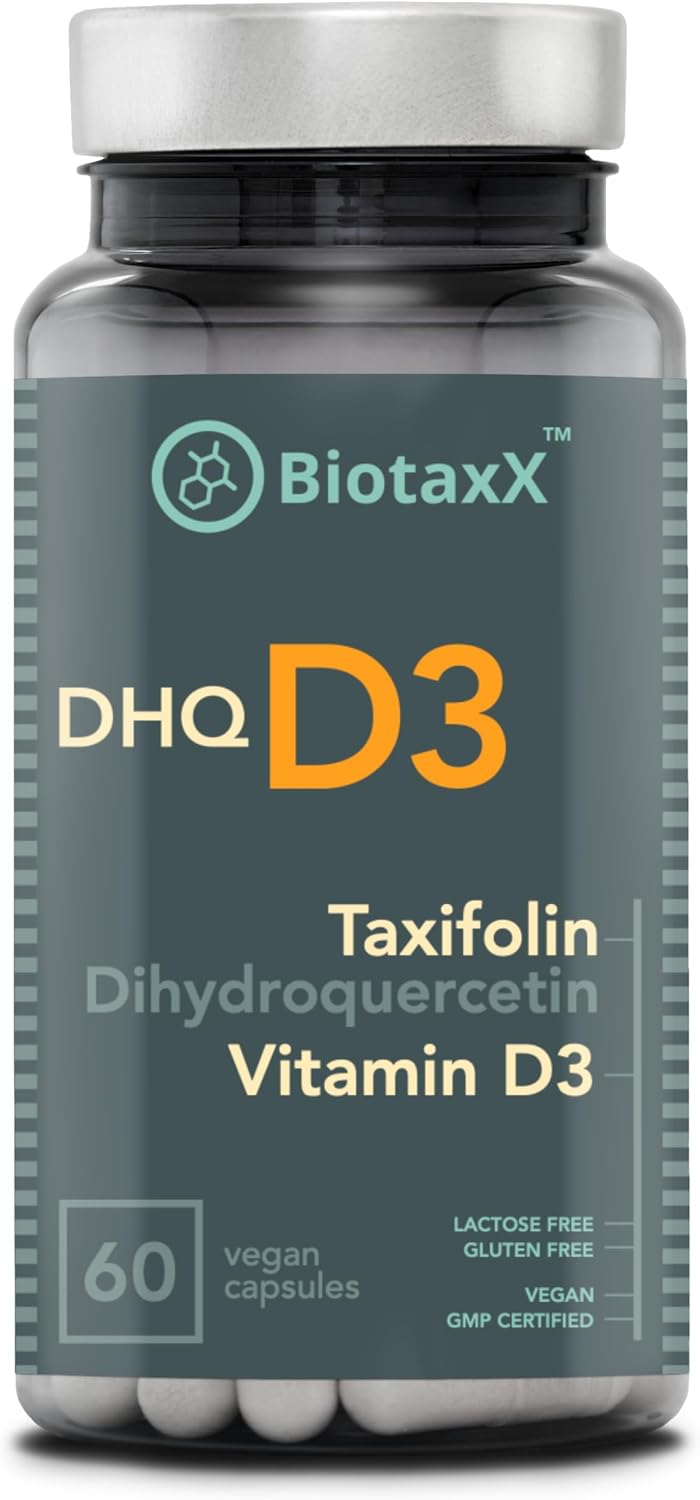 Taxifolina (Dihidroquercetina) + Vitamina D3 – 530 mg, 60 Cápsulas Veganas – Antioxidante y Salud Ósea