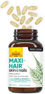 Country Life Maxi-Hair - Biotina 2000mcg con Vitaminas para Cabello, Piel y Uñas - 60 Comprimidos