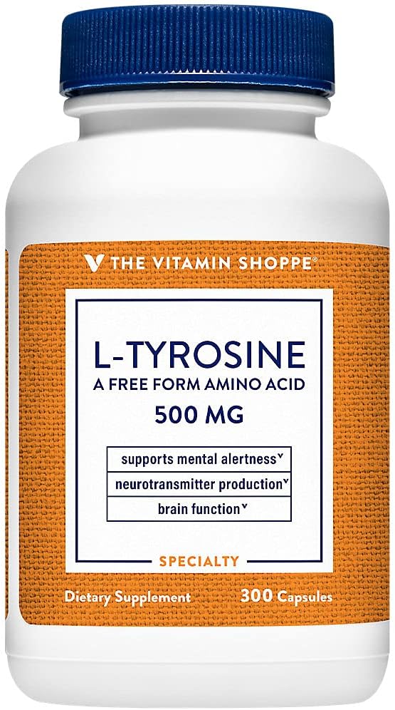The Vitamin Shoppe L-Tirosina 500mg - Enfoque Mental y Apoyo al Estrés | Aminoácido de Forma Libre | 300 Cápsulas | Salud Cognitiva