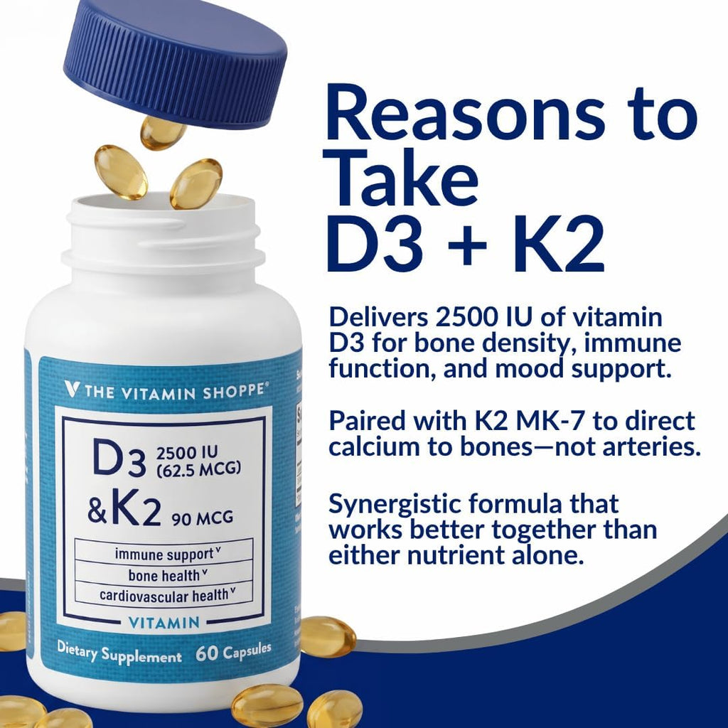 The Vitamin Shoppe Vitamina D3 2500 UI y K2 90 mcg con Calcio - 60 Cápsulas