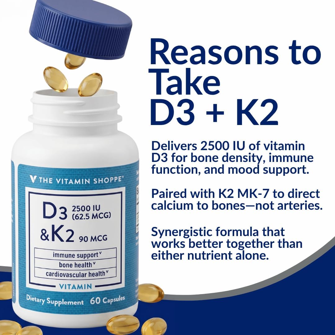 The Vitamin Shoppe Vitamina D3 2500 UI y K2 90 mcg con Calcio - 60 Cápsulas