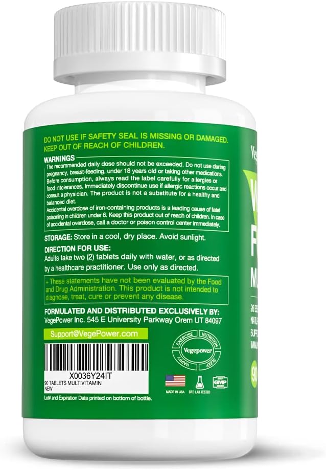 VEGEPOWER Multivitamínico Vegano con Hierro, Metilado, Complejo B, Frutas y Verduras, Enzimas, Omega, Hongos, 90 Comprimidos