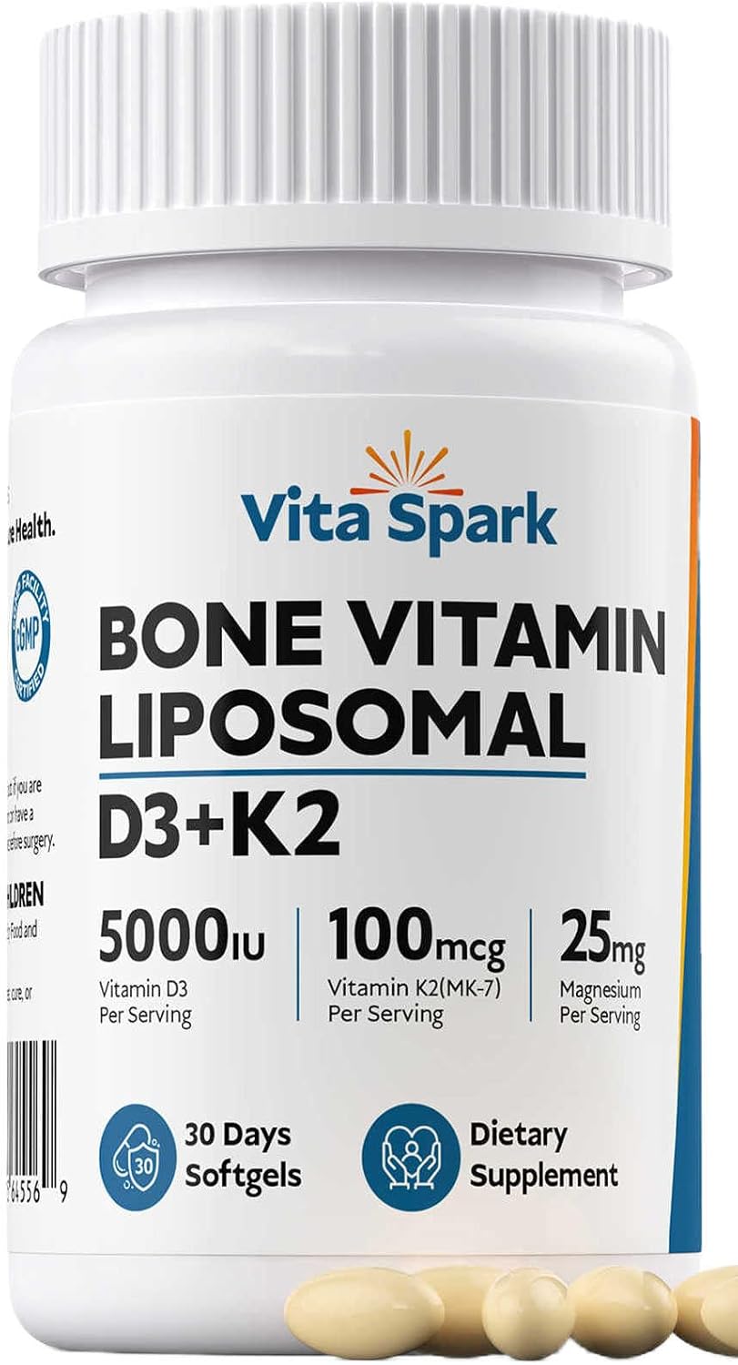 Vita Spark Vitamina D3 K2 - Suplemento de Vitamina D3 5000 UI, K2 MK-7 100 mcg y Magnesio - Cápsulas Blandas Liposomales