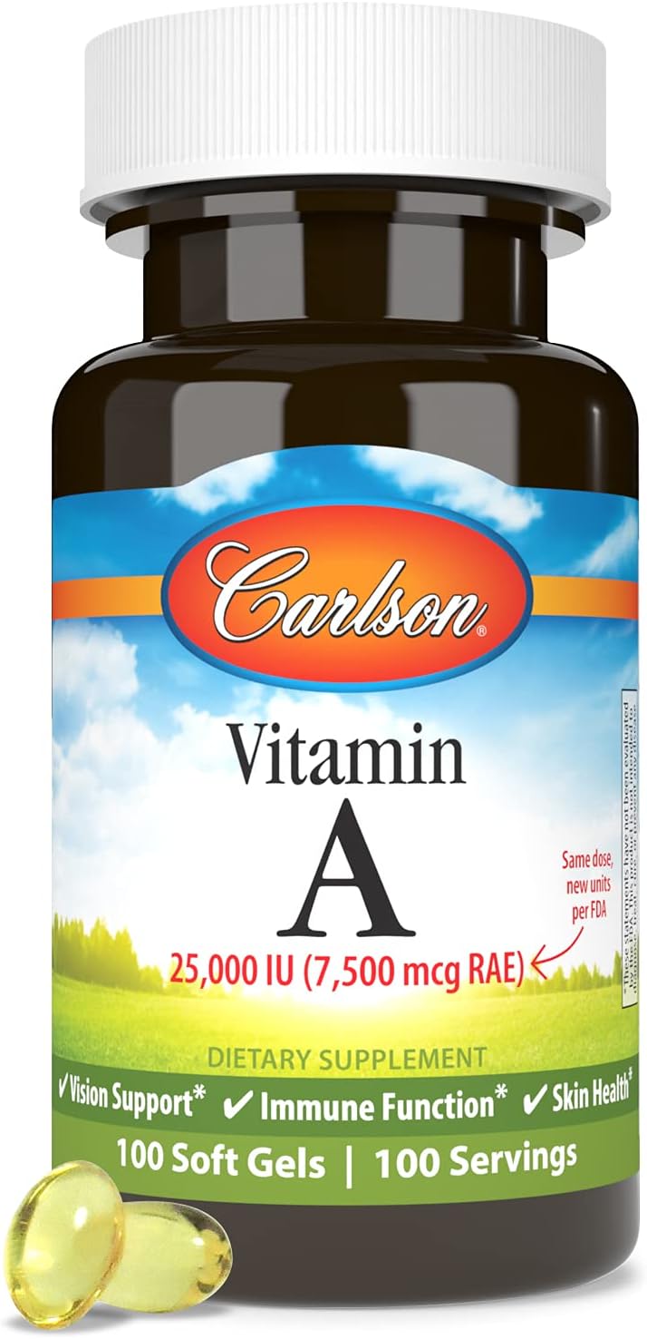 Carlson - Vitamin A, 25,000 IU (7,500 mcg RAE), For Vision and Skin, Immune Health, 100 Soft Gels
