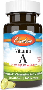 Carlson - Vitamin A, 25,000 IU (7,500 mcg RAE), For Vision and Skin, Immune Health, 100 Soft Gels