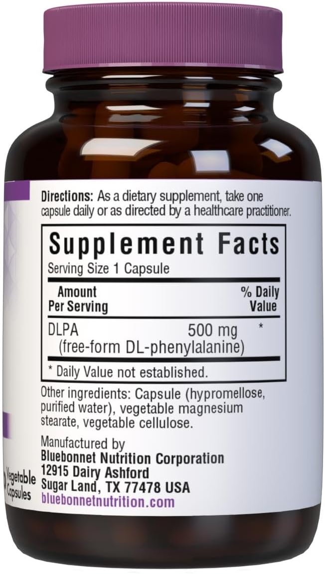 Bluebonnet Nutrition DLPA (DL-Fenilalanina) 500 mg - 30 Cápsulas Vegetales - Apoyo al Sistema Nervioso - Sin Soja, Sin Gluten, Vegano