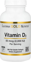 California Gold Nutrition Vitamina D3, 50 mcg (2000 UI), 360 Softgels de Gelatina de Pescado