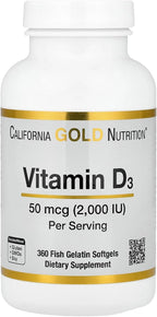 California Gold Nutrition Vitamina D3, 50 mcg (2000 UI), 360 Softgels de Gelatina de Pescado