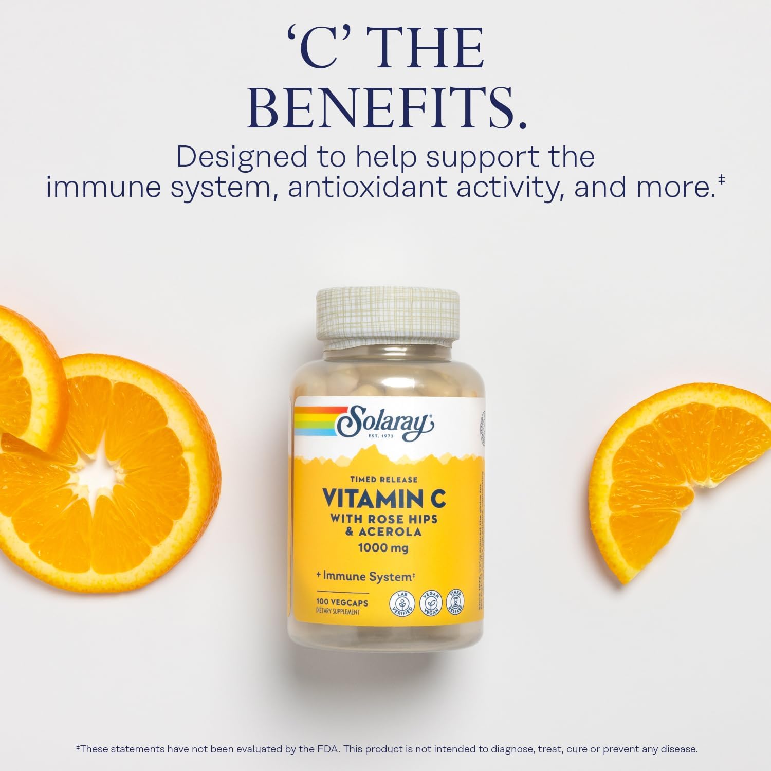 Solaray Vitamina C 1000 mg - Cápsulas de Liberación Prolongada con Rosa Mosqueta y Acerola - Apoyo Inmunitario - Vegano