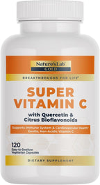 Nature's Lab Gold Super Vitamina C 1000mg – Complejo de Bioflavonoides y Quercetina – Cápsulas No Ácidas – 120 Cápsulas (2 Meses)