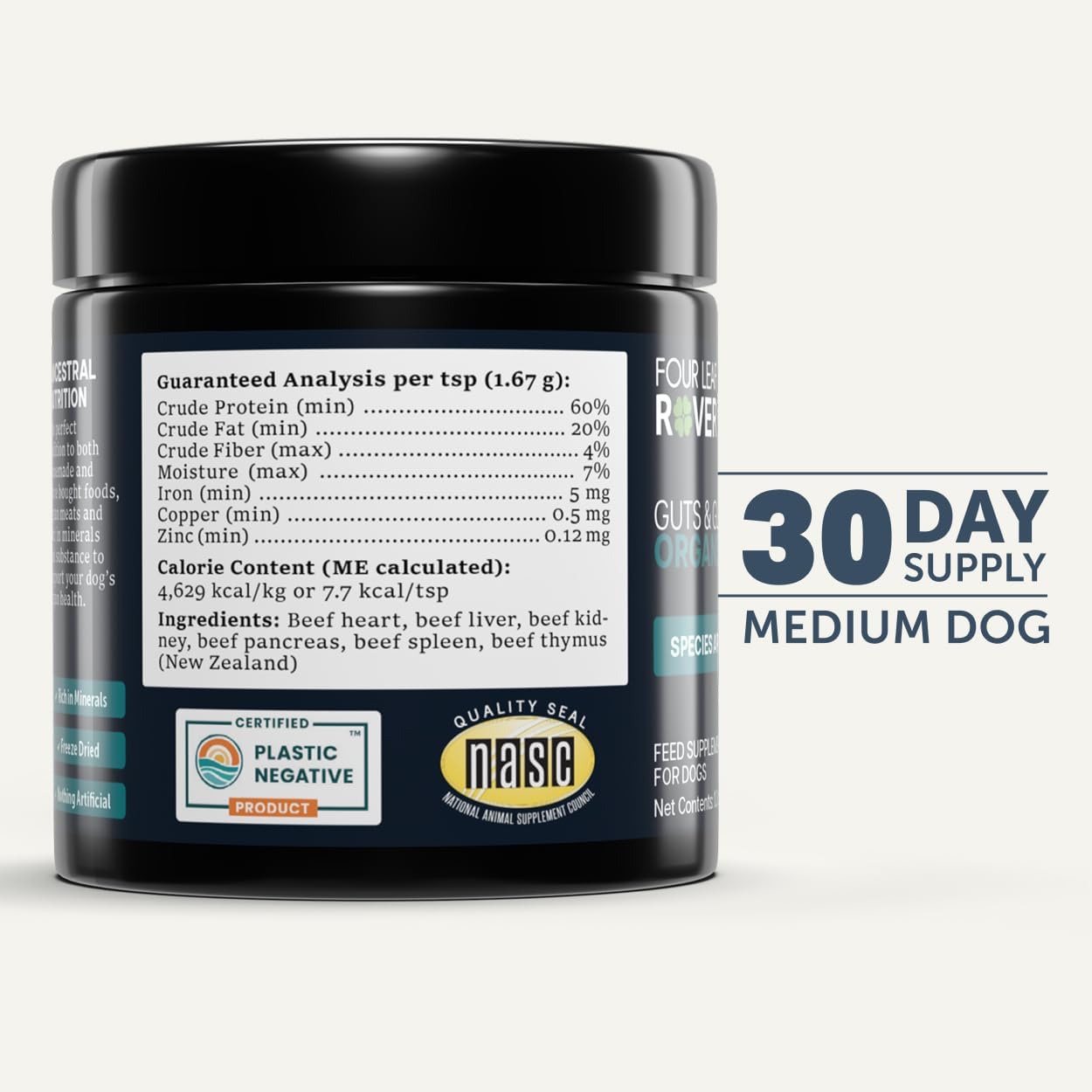 Four Leaf Rover Guts & Glory - Órganos liofilizados para perros - 100% vacuno alimentado con pasto - 30 dosis