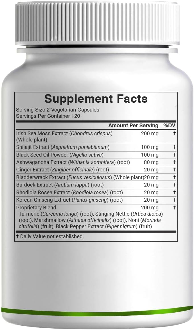 DEAL SUPPLEMENT Irish Sea Moss 240 Cápsulas Veganas – Complejo de 14 Superalimentos con Ashwagandha, Jengibre y Aceite de Semilla Negra