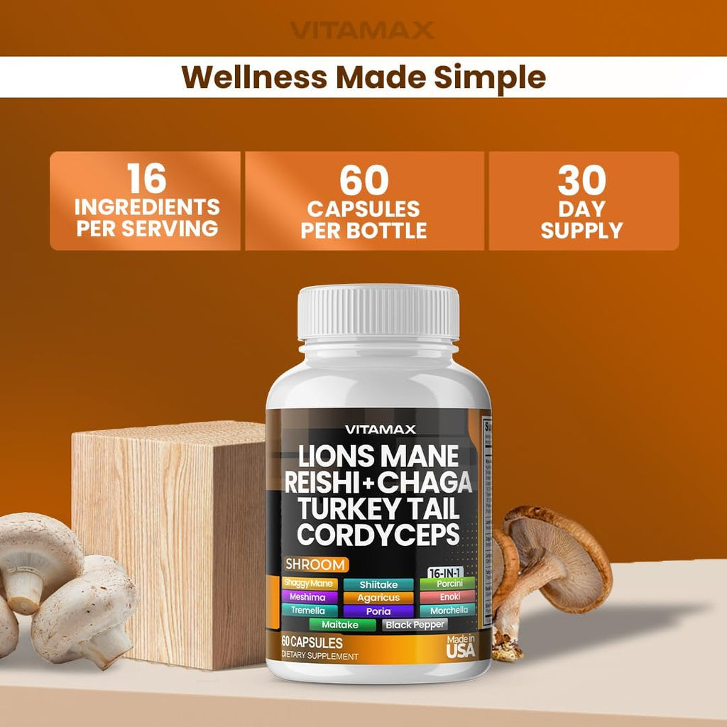 Vitamax MycoBoost Mezcla de Hongos: Melena de León, Cola de Pavo, Chaga, Reishi, Cordyceps, Shiitake y más