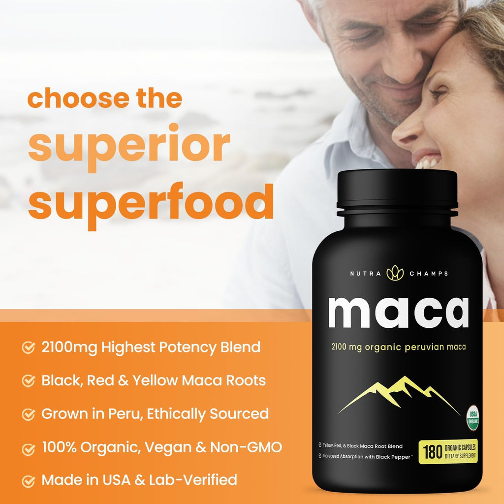 NutraChamps Maca Root Orgánica 2100mg, 180 Cápsulas, Mezcla de Maca Negra, Roja y Amarilla