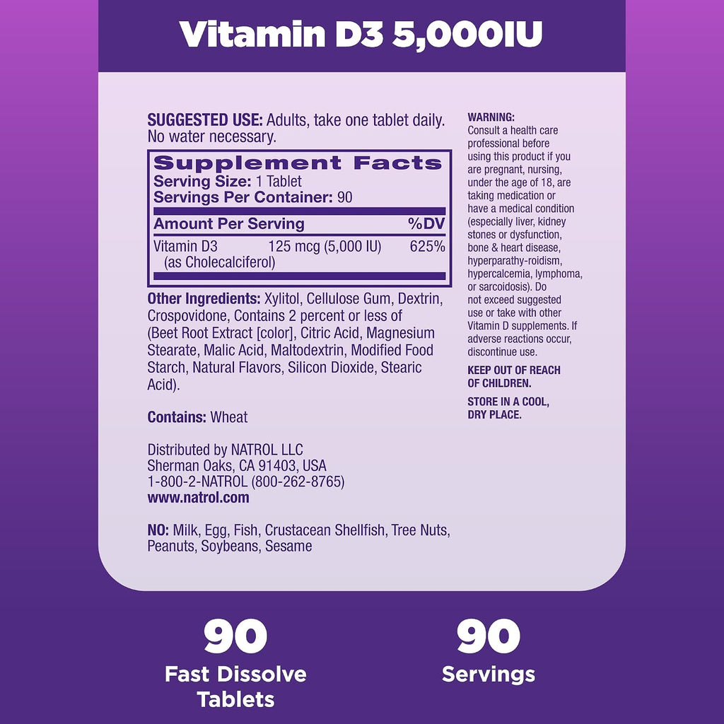 Natrol Vitamin D3 5000 IU Fast Dissolve Tablets, 90 Count