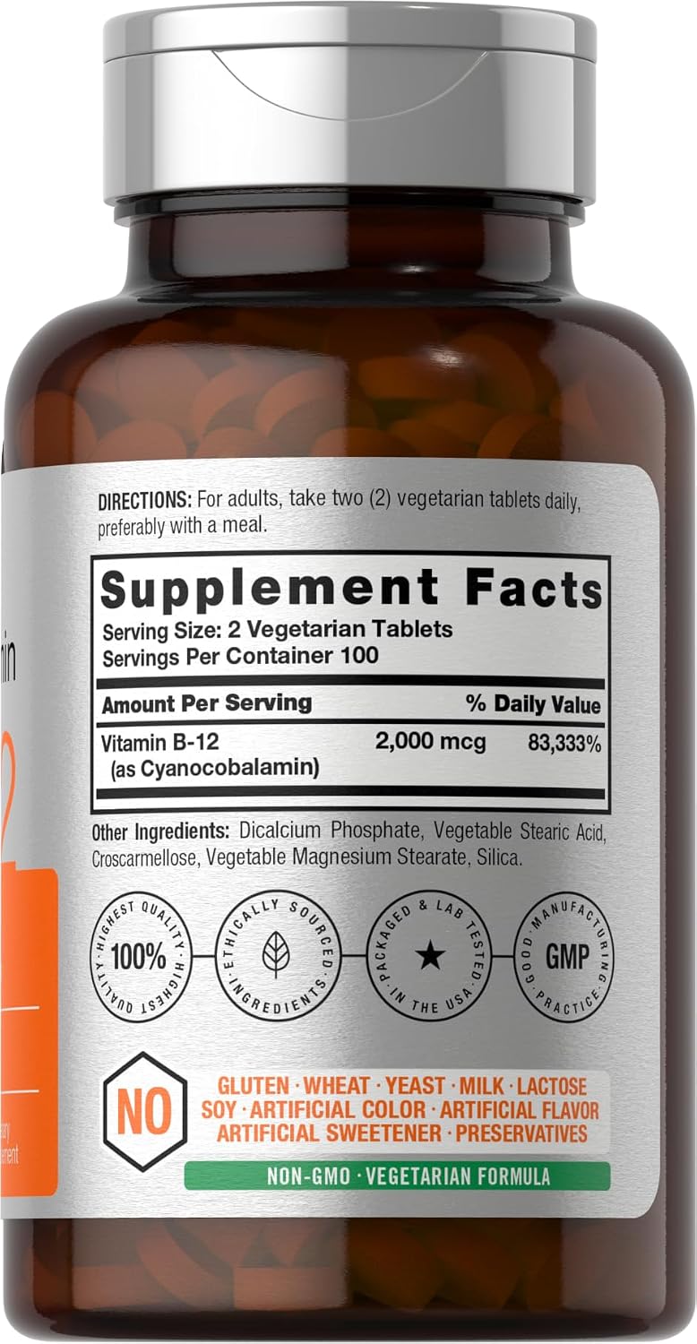 Horbäach Vitamina B12 2000 mcg | 200 Comprimidos | Suplemento Vegetariano | Sin Gluten y Sin OMG