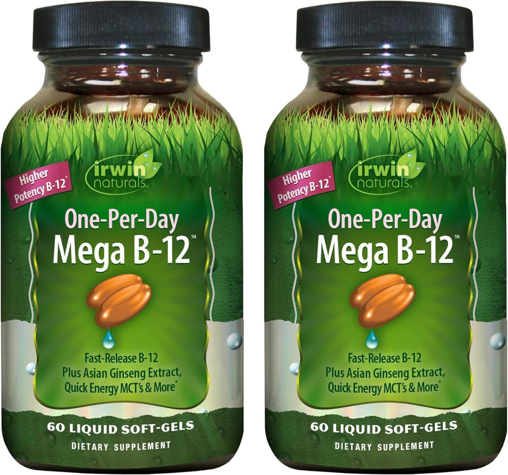 Irwin Naturals One-Per-Day Mega B-12 1.500 mcg Metilcobalamina - Absorción Rápida con MCT y Ginseng Asiático - 60 Cápsulas Blandas Líquidas