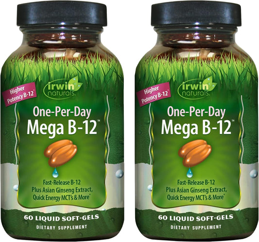 Irwin Naturals One-Per-Day Mega B-12 1.500mcg Metilcobalamina - Alta Potencia con MCT y Ginseng Asiático - 60 Cápsulas Blandas Líquidas (Pack de 2)
