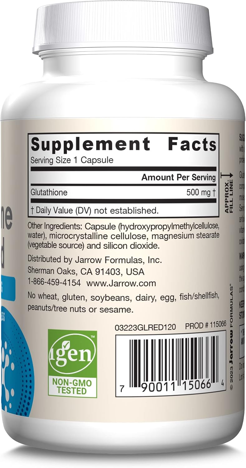 Jarrow Formulas Reduced Glutathione 500 mg - 120 Vegetable Capsules - Intracellular Antioxidant