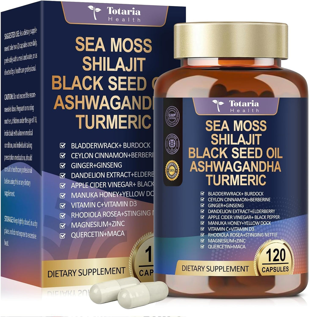 Suplemento 25-en-1 de Musgo de Mar, Aceite de Semilla Negra, Ashwagandha, Jengibre y Shilajit - 120 Cápsulas Veganas