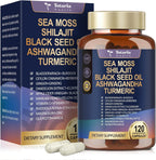 Suplemento 25-en-1 de Musgo de Mar, Aceite de Semilla Negra, Ashwagandha, Jengibre y Shilajit - 120 Cápsulas Veganas