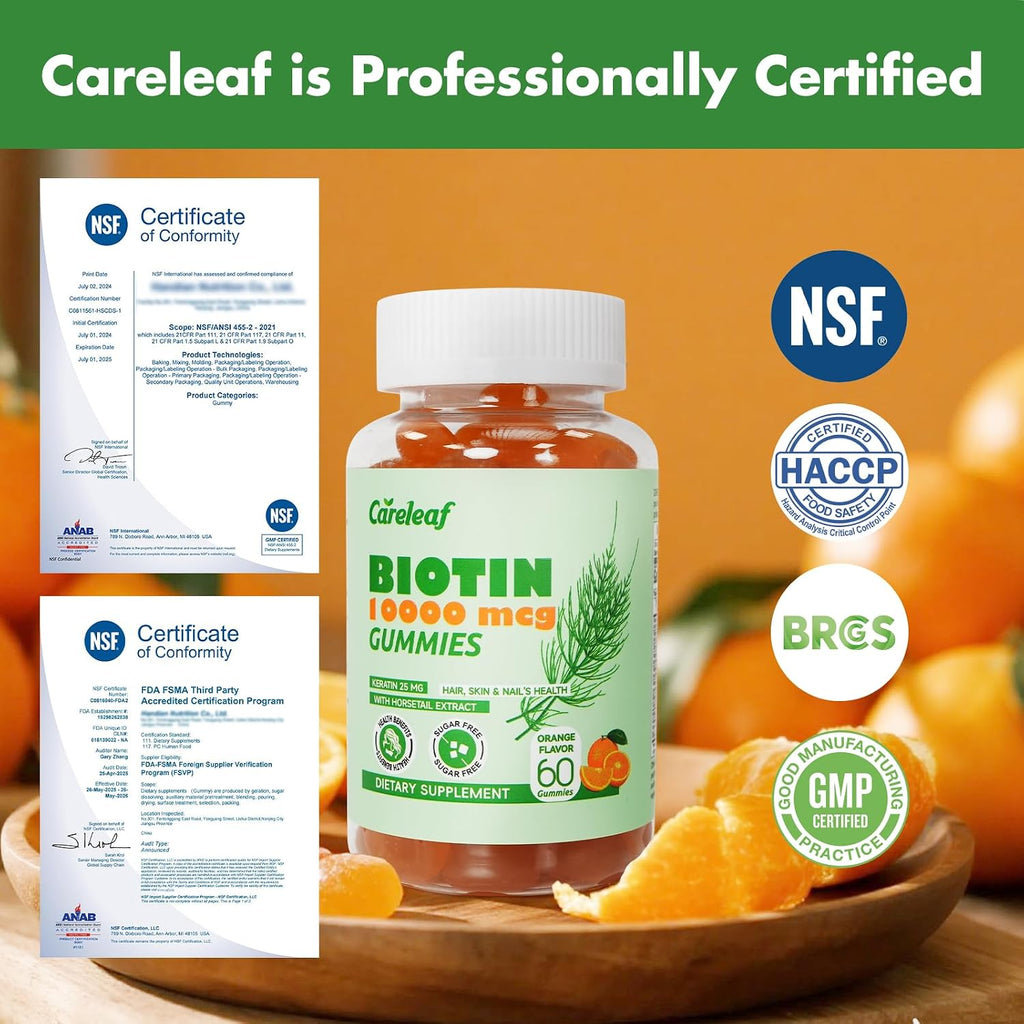 careleaf Biotina 10000mcg Gominolas con Colágeno y Queratina para Cabello, Piel y Uñas, 60 unidades, Sabor Naranja