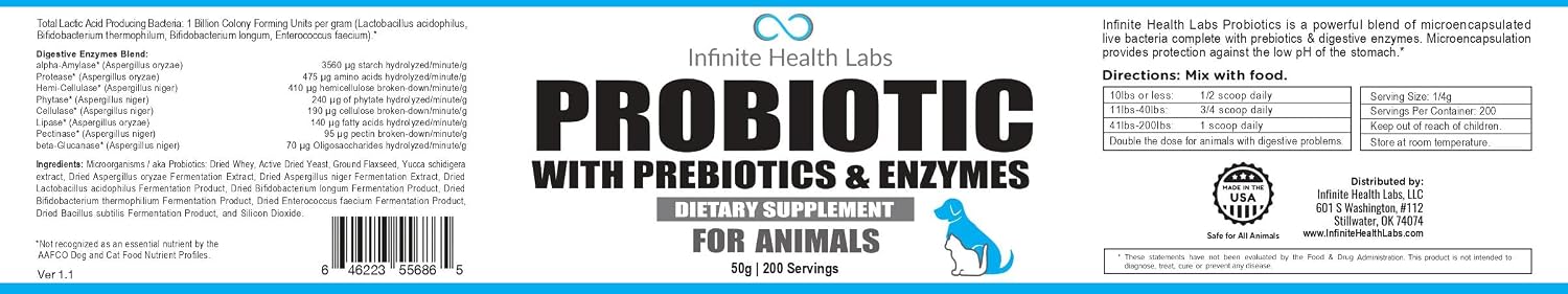 Probióticos para perros y gatos - Fórmula veterinaria, polvo con prebióticos y enzimas para salud digestiva e inmunidad - 200 raciones (50 g)