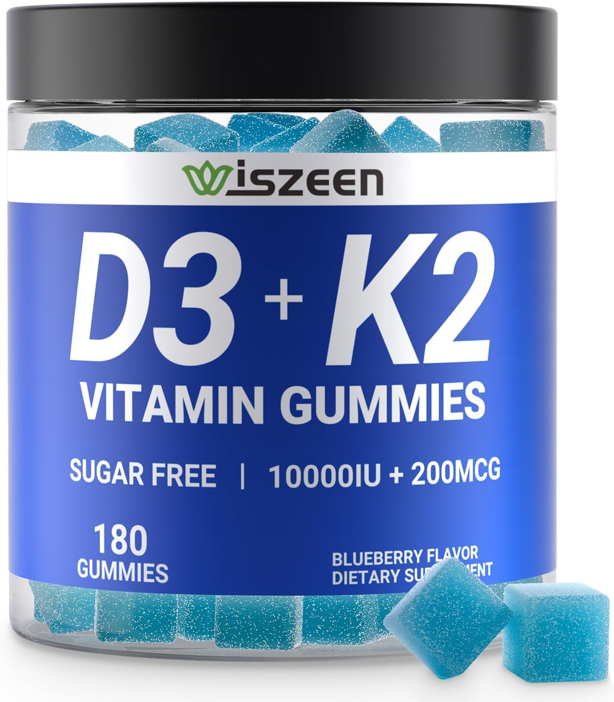 Wiszeen Gominolas de Vitamina D3 y K2 Sin Azúcar - 10000 UI D3 + 200 mcg K2 MK-7 con Calcio, Magnesio y B12