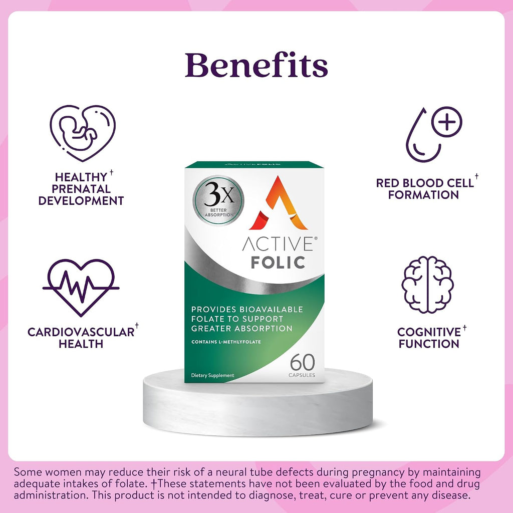 Active Folic Acid Supplement - Ácido Fólico Activo 400mcg, L-Metilfolato (Quatrefolic), 60 Cápsulas